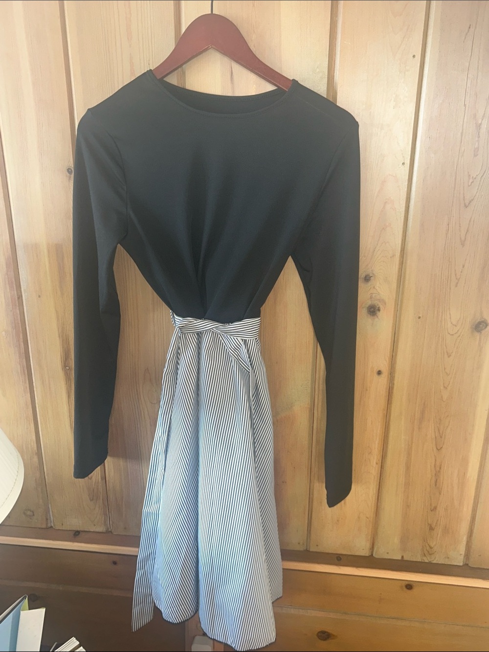 Black Top with Striped Tie-Waist Skirt Dress